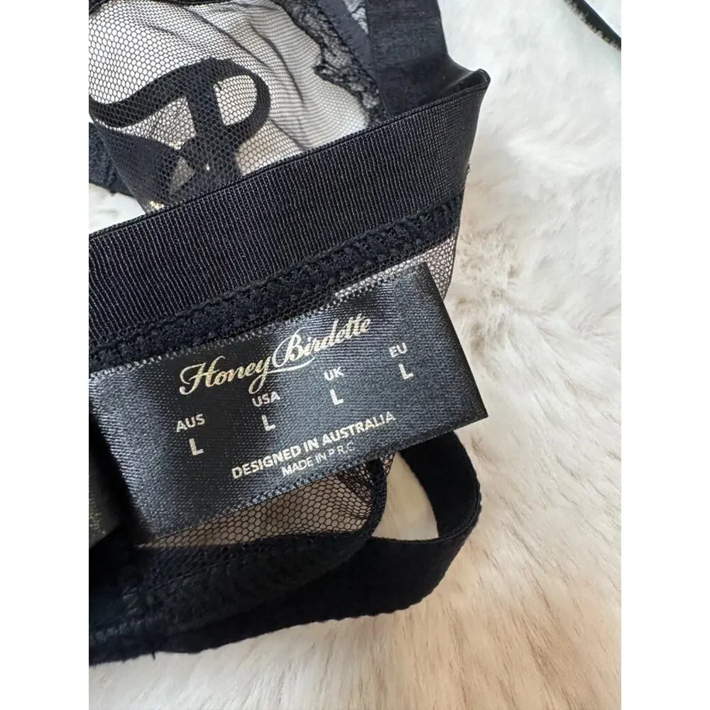 Honey Birdette EMMA🖤 Black Floral Lace 3 Piece Set 36D, L, M Thong